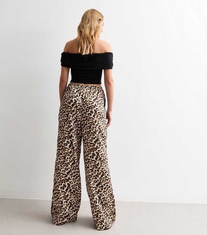 Brown Leopard Print Satin Wide Leg Trousers
