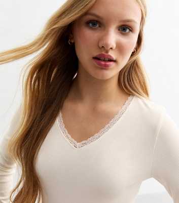 Girls White Lace Trim Ribbed Jersey Top