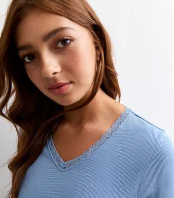 Girls Blue Lace Trim Ribbed Jersey Top