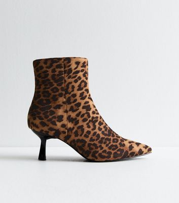 Wide Fit Stone Leopard Print Kitten Heel Ankle Boots