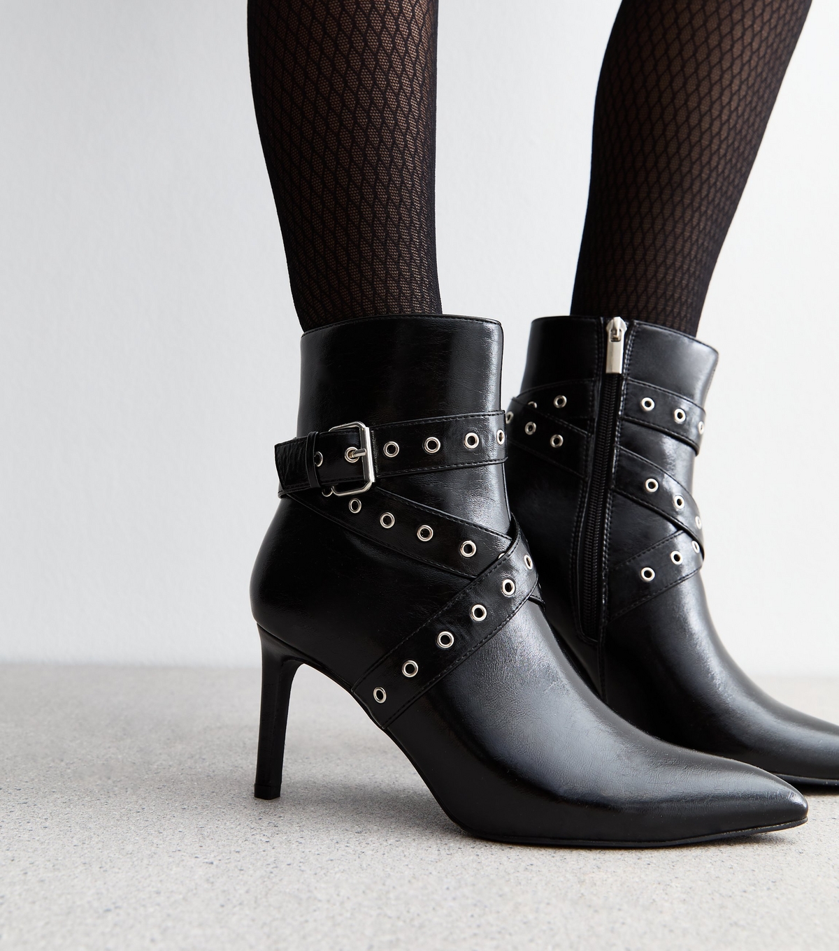 Women's Black Leather Look Wrap Buckle Stiletto Boots Vegan New Look