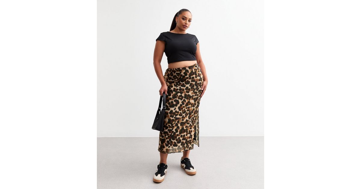 Curves Brown Leopard Print Midi Skirt | New Look