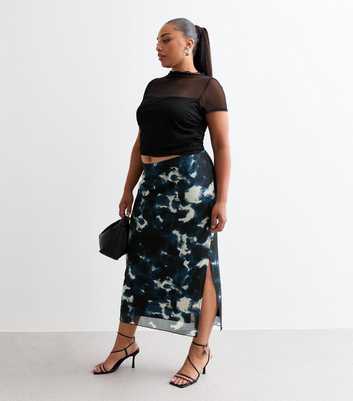 Curves Blue Abstract Print Ruched Mesh Midi Skirt 