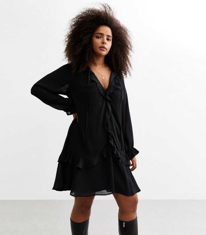 Curves Black Chiffon Ruffle Trim Mini Dress | New Look