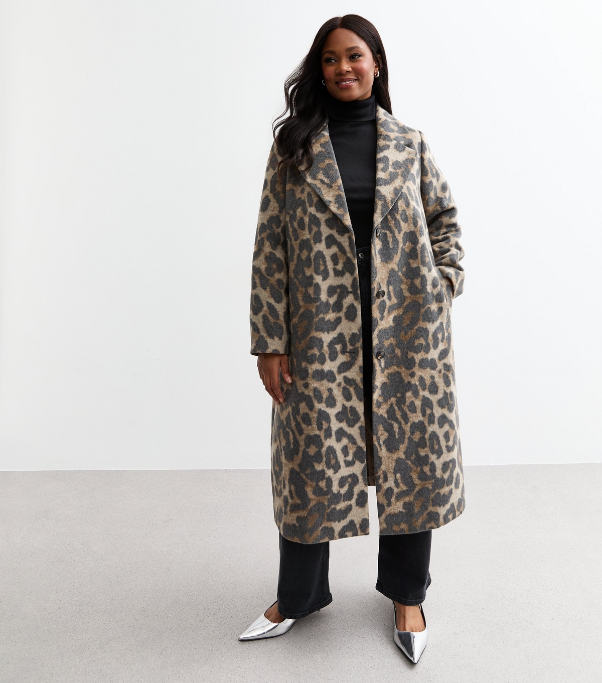 Women's Plus Size Brushed Leopard Print Longline Coat Curves New Look