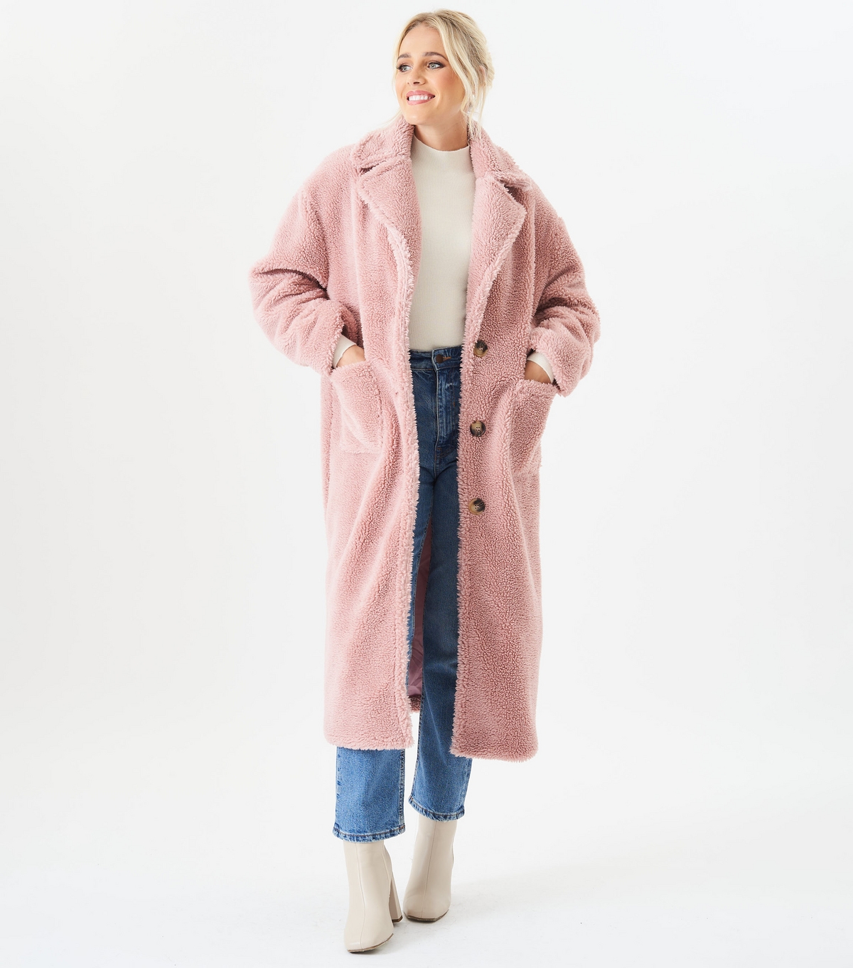 Women's Pink Borg Longline Teddy Coat Gini London New Look