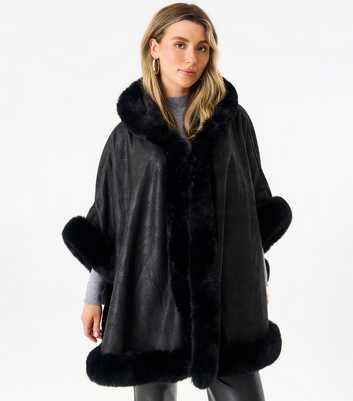 Gini London Black Faux Fur Trimmed Poncho