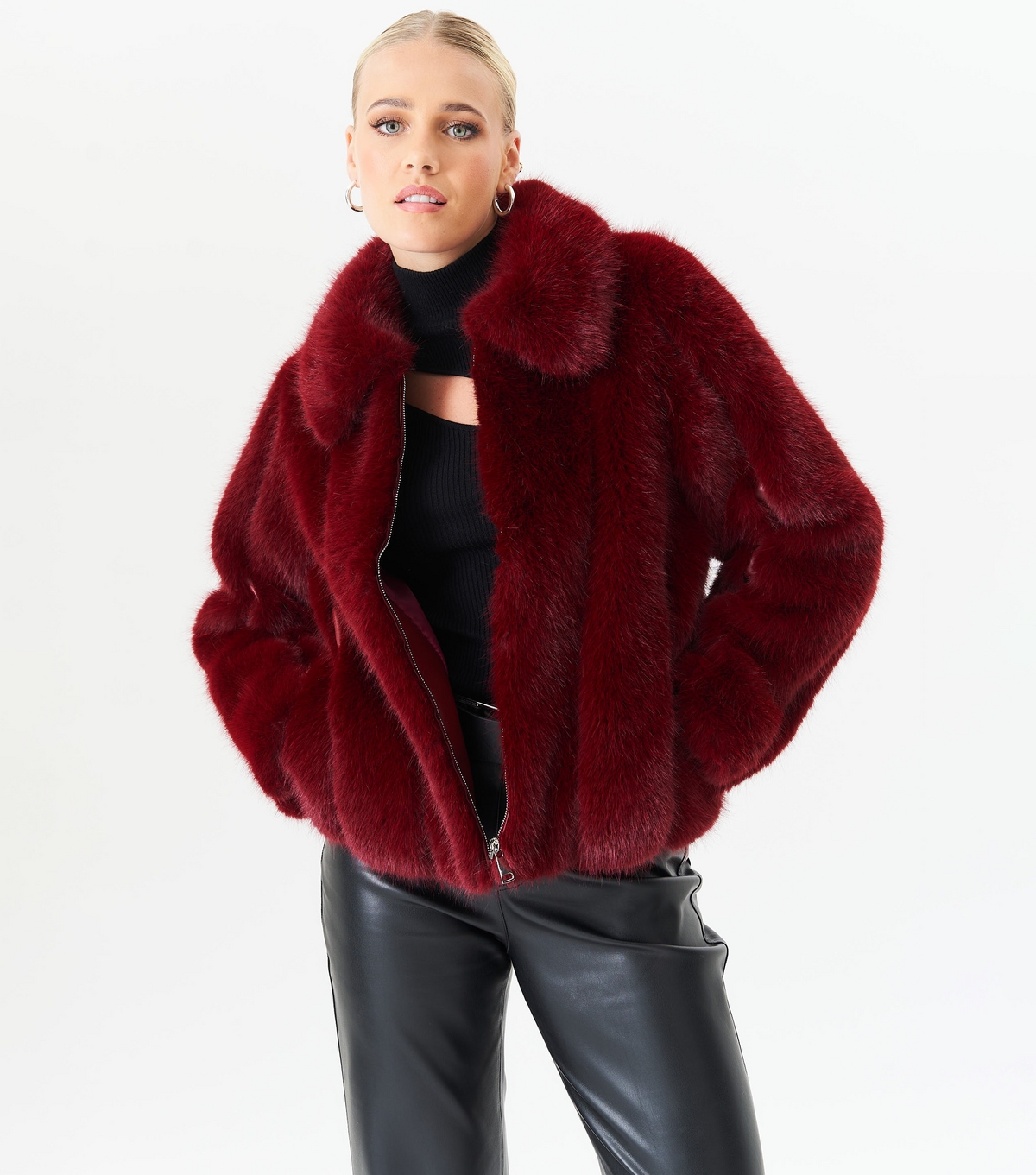 Women's Burgundy Faux Fur Collared Jacket Gini London New Look