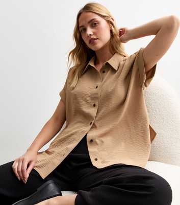 Camel Button Front Roll Sleeve Shirt