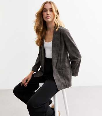 Grey Open Front Checked Jersey Blazer