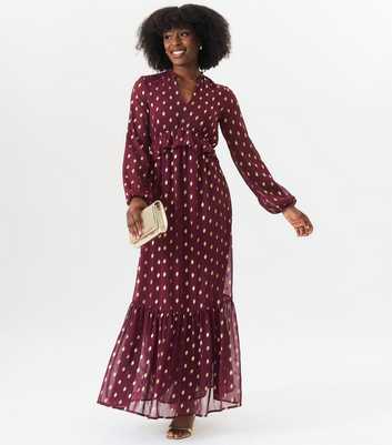 Gini London Burgundy Foil Polka Dot Ruffled Chiffon Maxi Dress