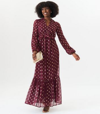 Gini London Burgundy Foil Polka Dot Ruffled Chiffon Maxi Dress New Look