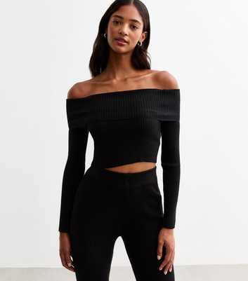 Cameo Rose Black Ribbed Off Shoulder Top