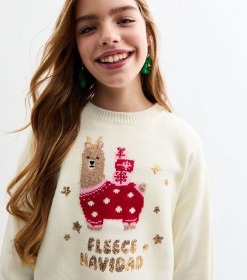 Girls Off White Fleece Navidad Christmas Jumper New Look