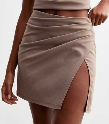 Brown Pleated Wrap Front Mini Skirt