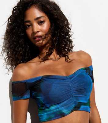 Blue Floral Print Bardot Crop Top