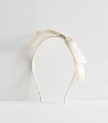 Cream Slim Satin Bow Headband 