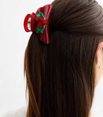 Red Christmas Holly Glitter Claw Clip