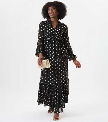 Gini London Black Foil Polka Dot Ruffled Chiffon Maxi Dress