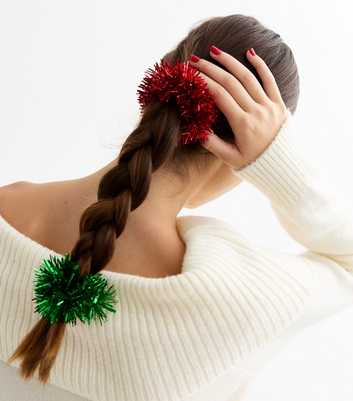 2 Pack of Multicolour Christmas Tinsel Hair Scrunchies