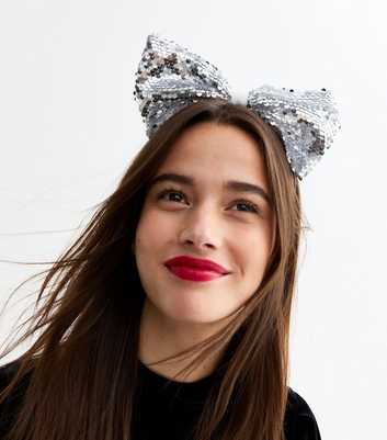 Silver Christmas Oversized Sequin Bow Headband