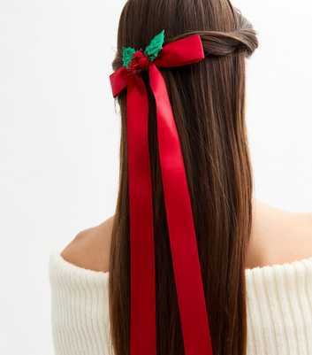 Red Christmas Holly Long Satin Bow Slide