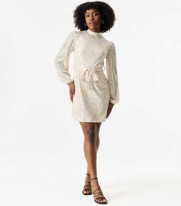 Gini London Cream Sequinned Long Sleeve Mini Dress