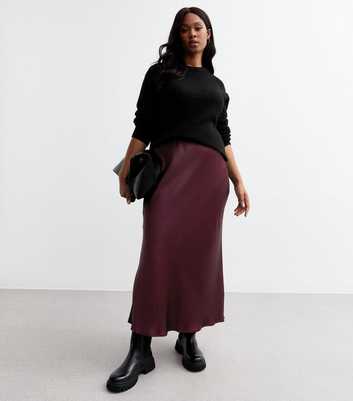 Curves Burgundy Satin Bias Midi Skirt