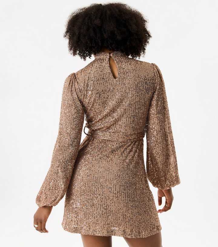 Gini London Rose Gold Sequinned Long Sleeve Mini Dress | New Look