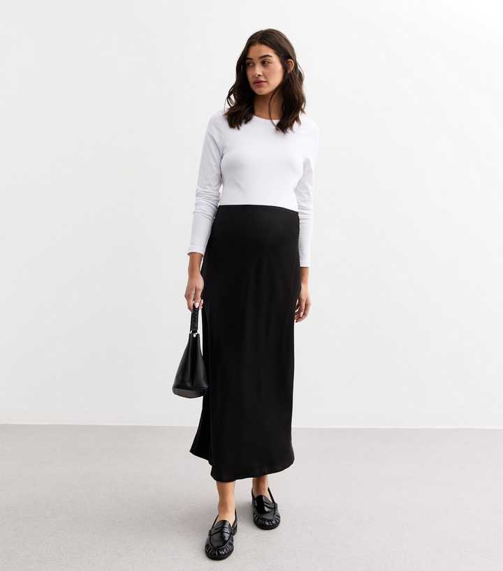 Maternity Black Satin Bias Cut Midi Skirt