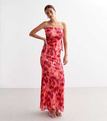 Pink Blur-Print Mesh Maxi Skirt 