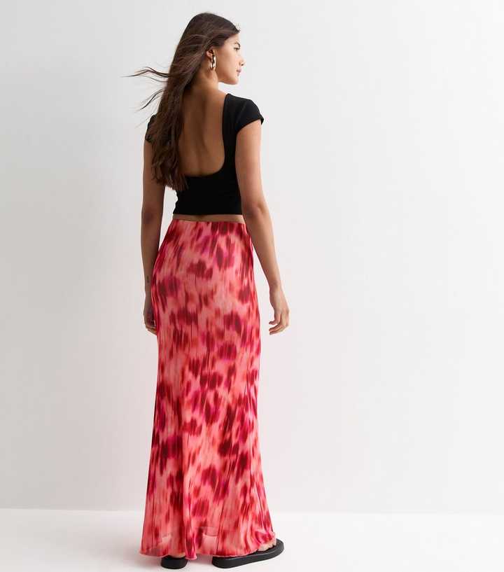 Pink Blur-Print Mesh Maxi Skirt