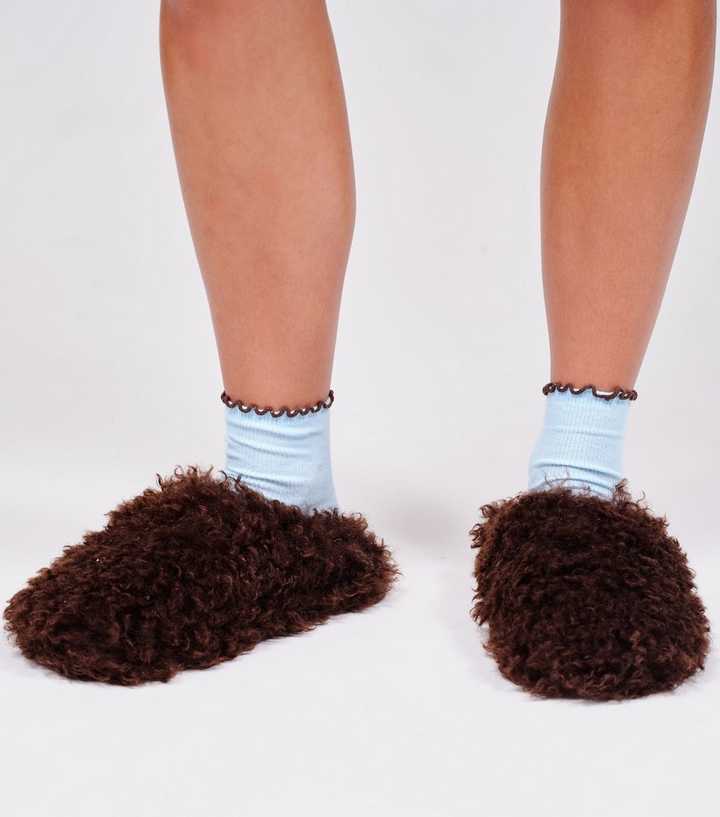 Loungeable Dark Brown Fluffy Cosy Mule Slippers