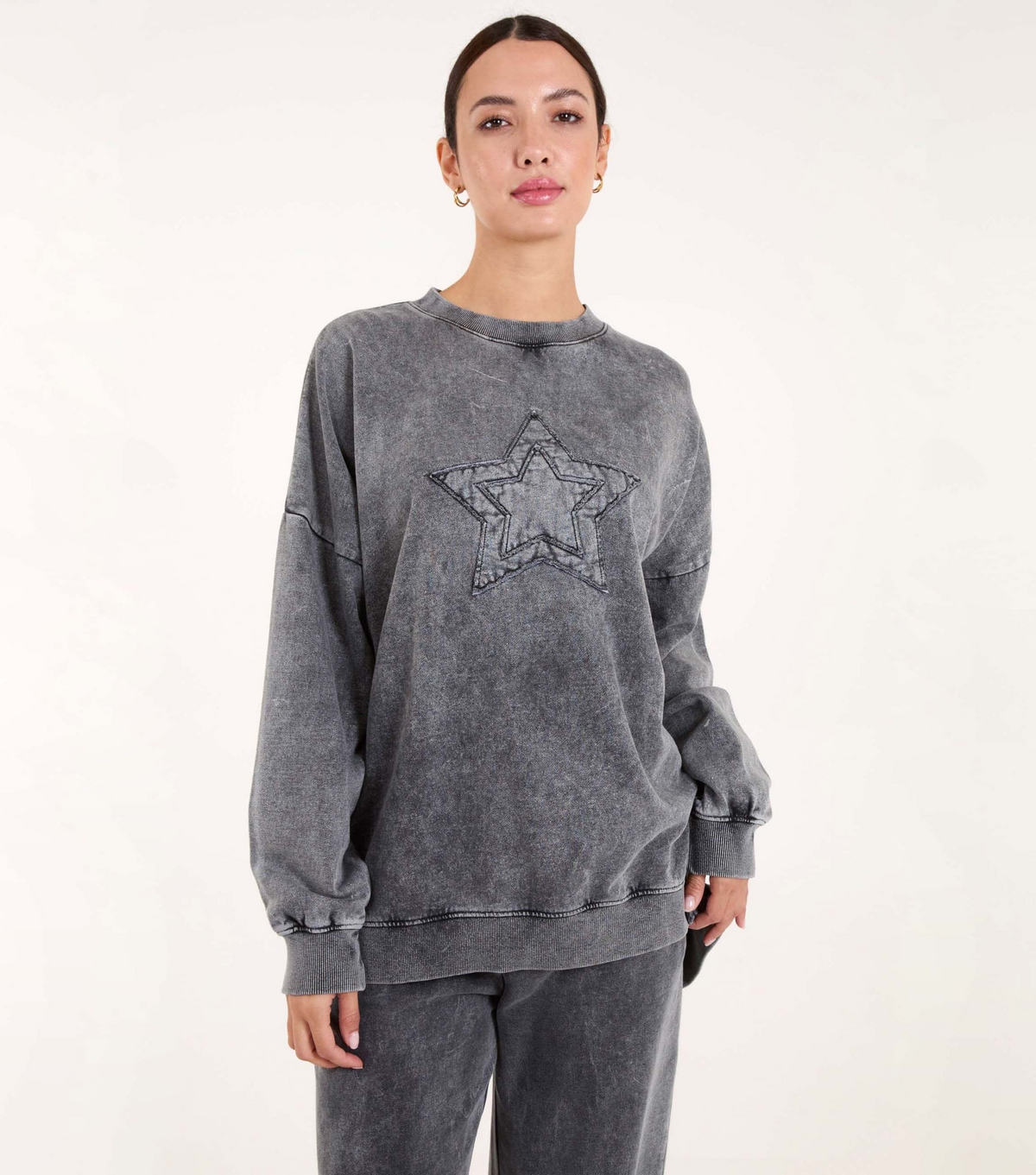 Women's Dark Grey Acid Wash Star Sweatshirt Blue Vanilla New Look