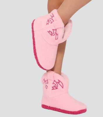 Loungeable Pink Cowboy Boot Borg Slippers