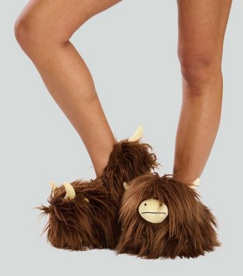 Loungeable Brown Highland Cow Slippers New Look