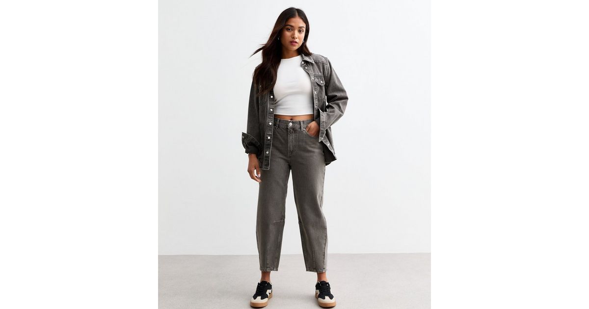 Petite Dark Grey Denim Barrel Leg Jeans New Look