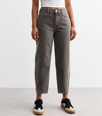 Petite Dark Grey Denim Barrel Leg Jeans New Look