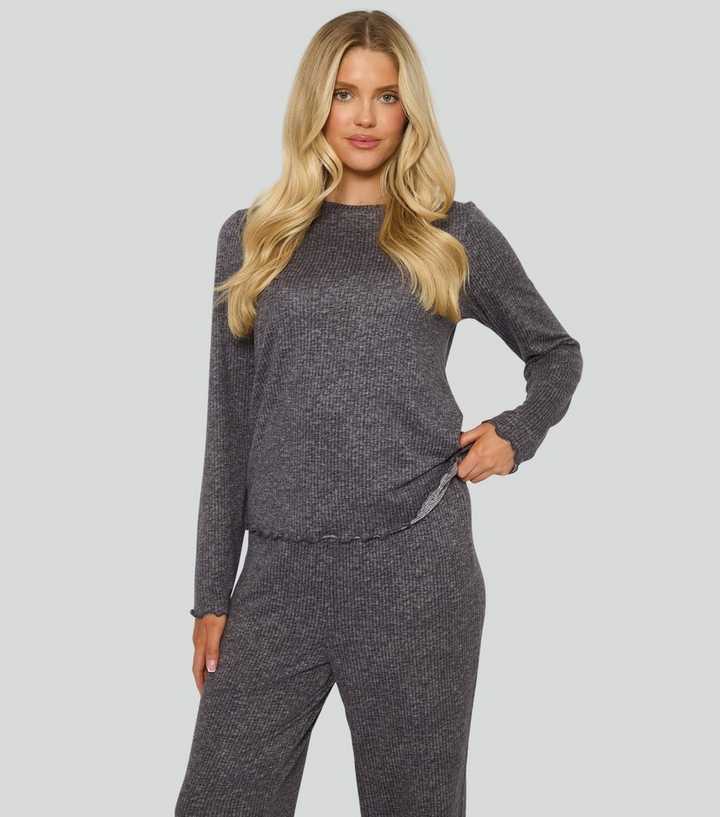 Loungeable Dark Grey Rib Super Soft Brushed Marl Lettuce Trim Pyjama Set