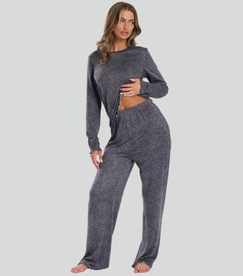 Loungeable Dark Grey Ribbed Marl Lettuce Trim Pyjama Set New Look