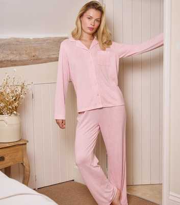 Loungeable Light Pink Rib Super Soft Brushed Marl Buttoned Pyjama Set