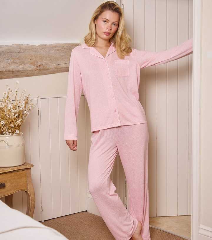 Loungeable Light Pink Rib Super Soft Brushed Marl Buttoned Pyjama Set