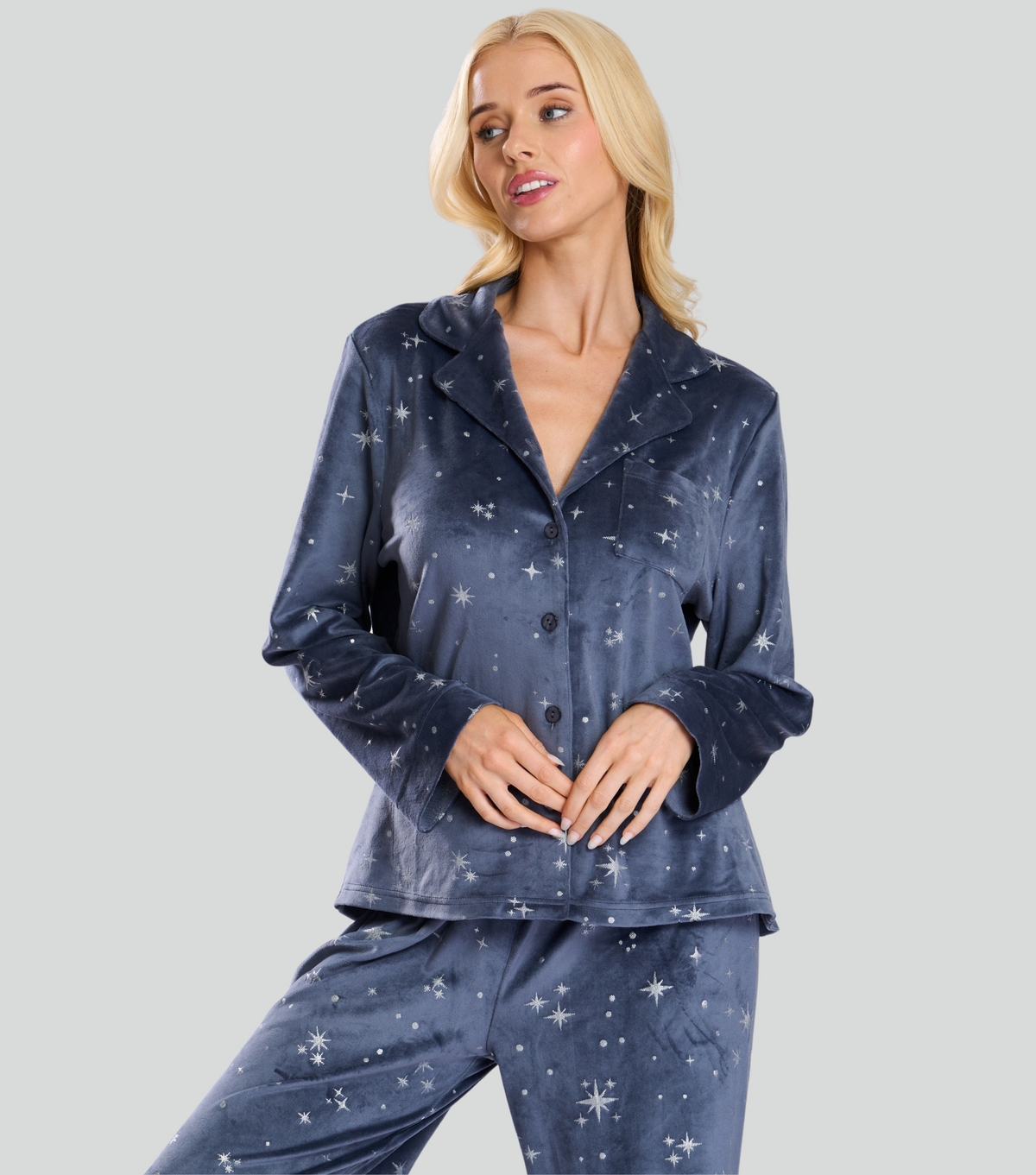 Women's Navy Soft Velour Star Pattern Pyjama Set Loungeable New Look