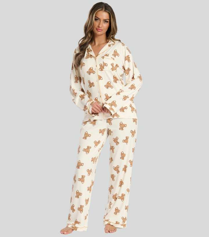 Loungeable Cream Teddy Bear Print Pyjama Set