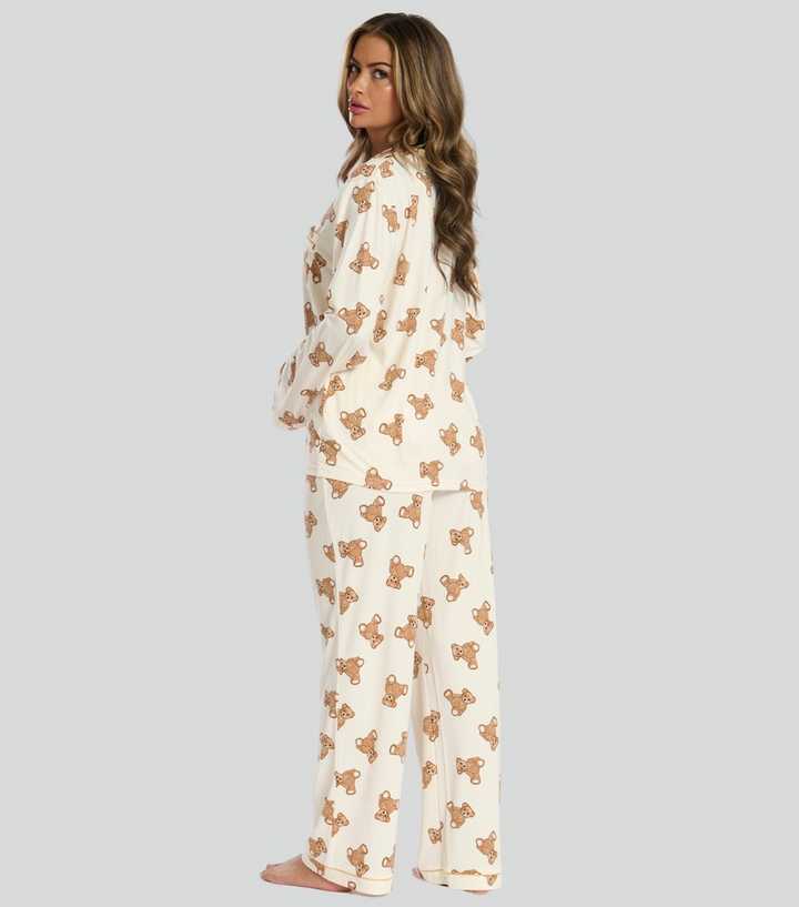 Fustylead Women's Teddy Bear Pajamas Set - Short Sleeve PJs With Pockets, White, XX-Large