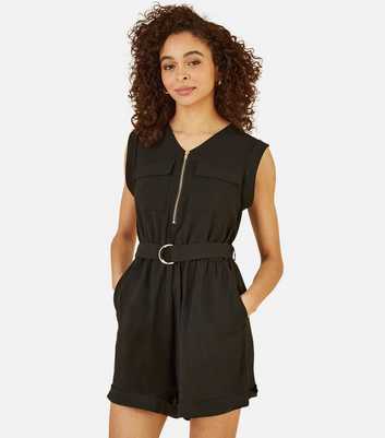 Yumi Black Belted Zip Front Playsuit