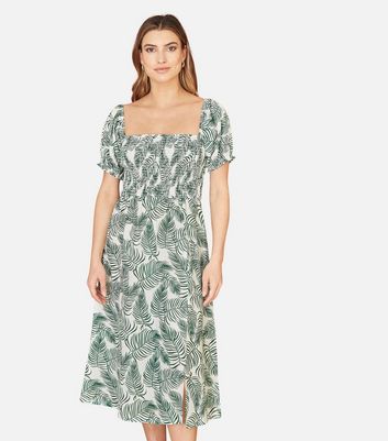 Yumi Cotton Palm Print Midi Dress New Look