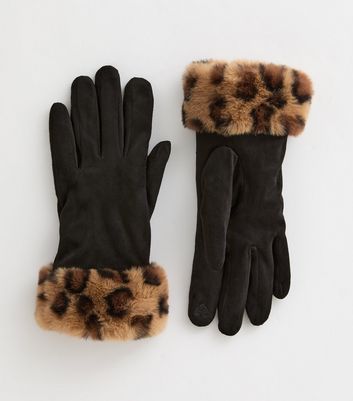 Black Leopard Print Faux Fur Trim Gloves New Look