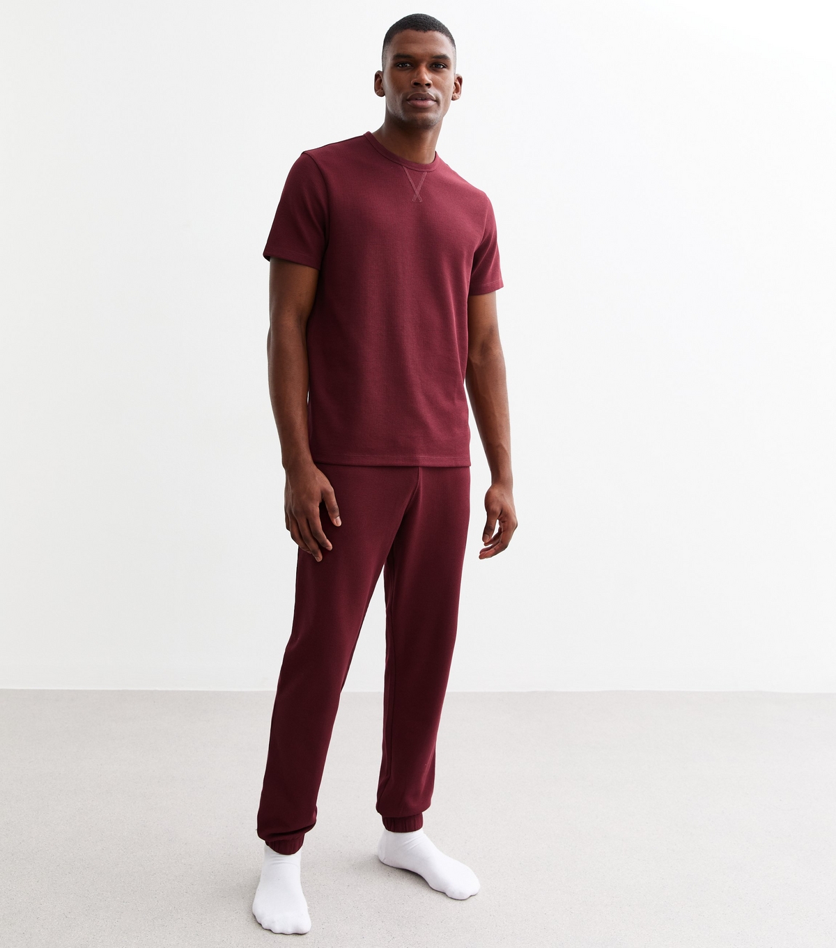 Men's Burgundy Regular Waffle Texture Lounge Joggers New Look