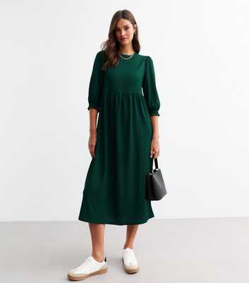 Green Cropped Sleeve Textured Smock Dress